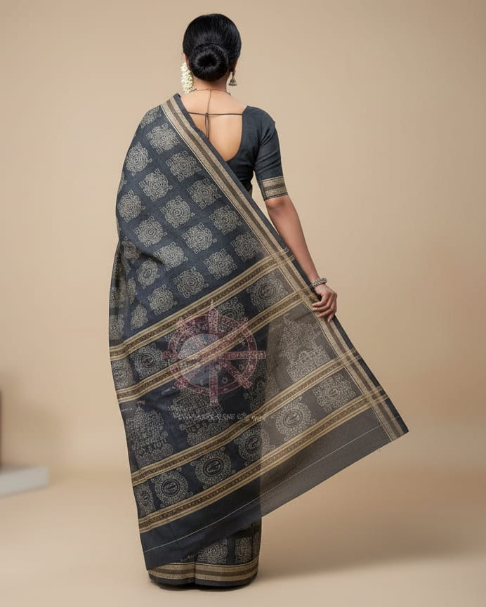 Black Laxmi Pada And Jhoti Design Odisha Handloom Sambalpuri Cotton Saree