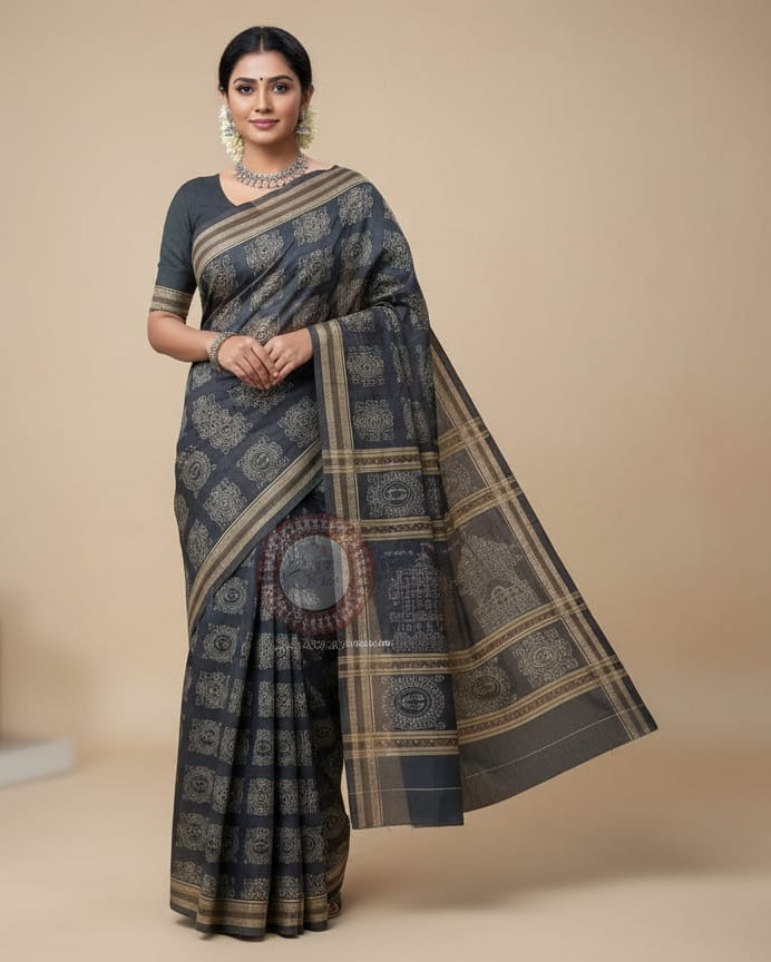 Black Laxmi Pada And Jhoti Design Odisha Handloom Sambalpuri Cotton Saree