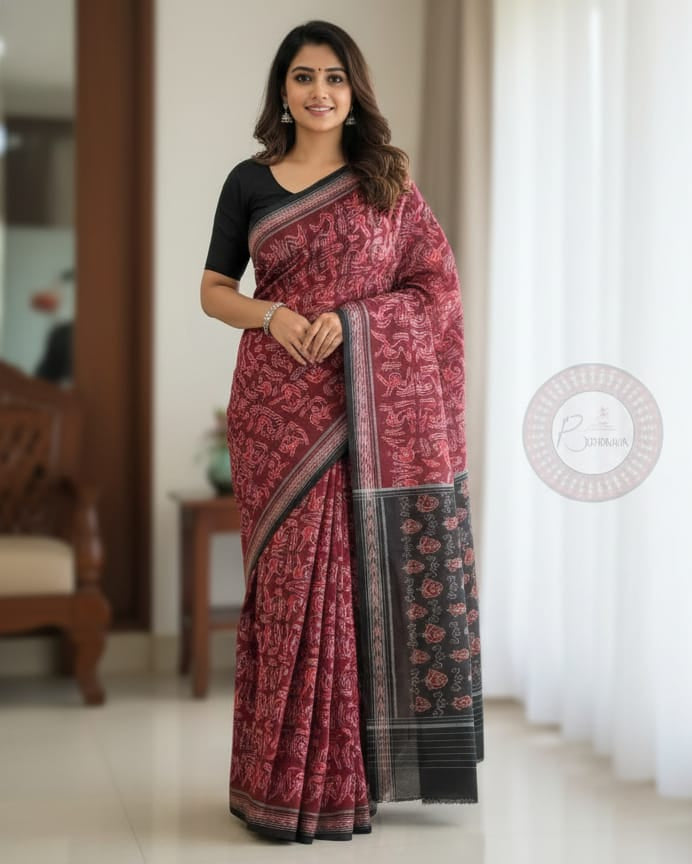 Maroon Black Birds Design Odisha Handloom Sambalpuri Cotton Saree