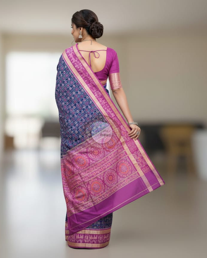 Blue Purple Scot Deer design Odisha Handloom Sambalpuri Cotton Saree