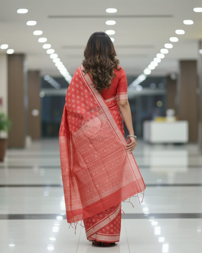 Maroon Leaf Design Natural Dye Sambalpuri Silk Saree