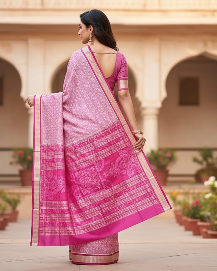Peach Magenta Leaf Design Odisha Handloom Sambalpuri Silk Saree