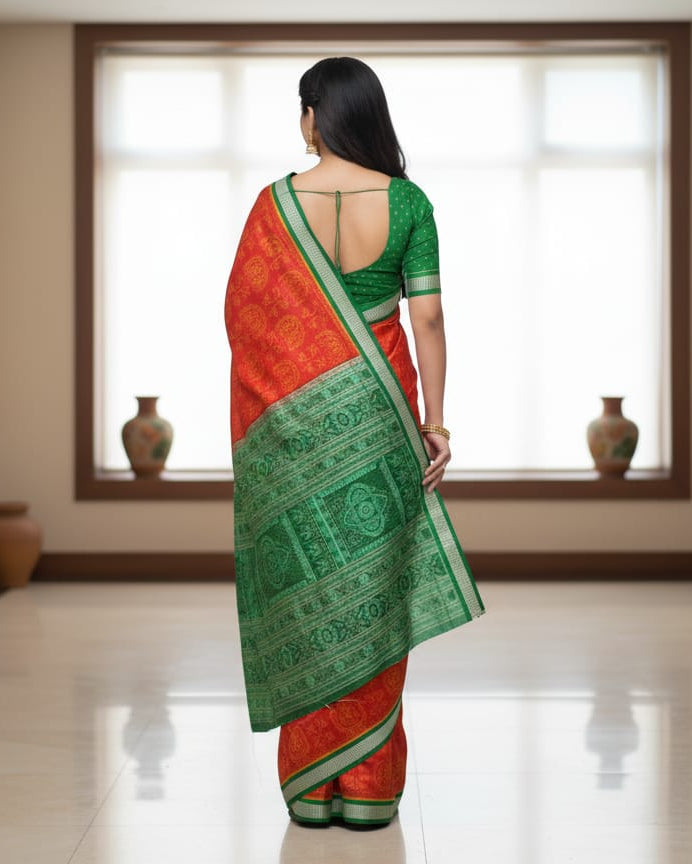 Red Green Tribal And Tree Odisha Handloom Sambalpuri Silk Saree