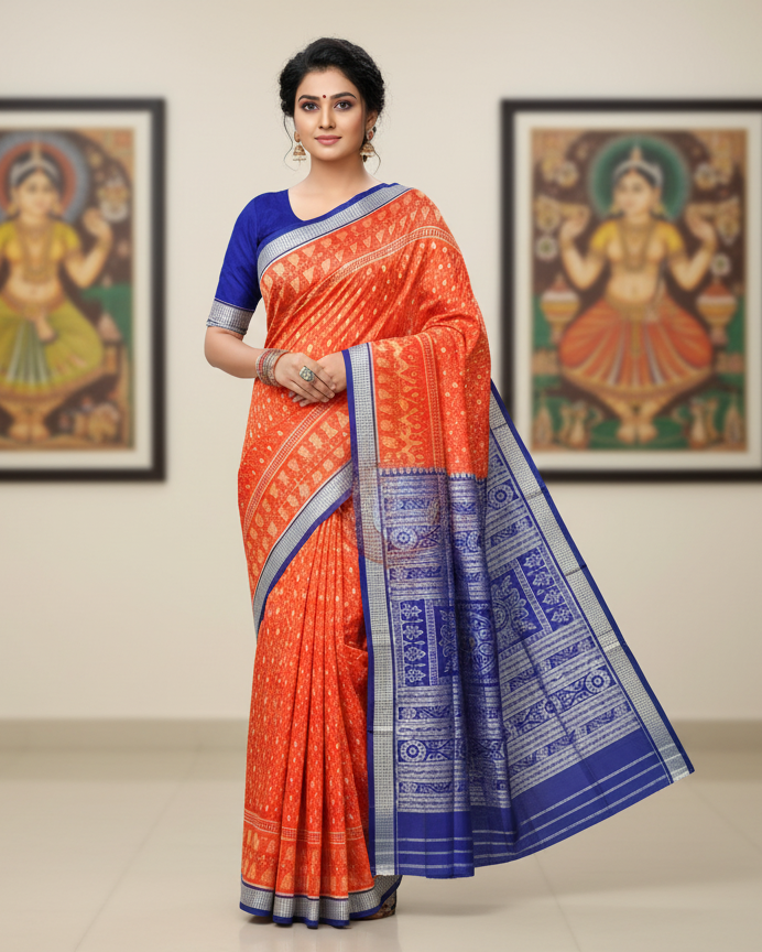 Orange Blue Tribal Ek Chandia Odisha Handloom Sambalpuri Silk Saree