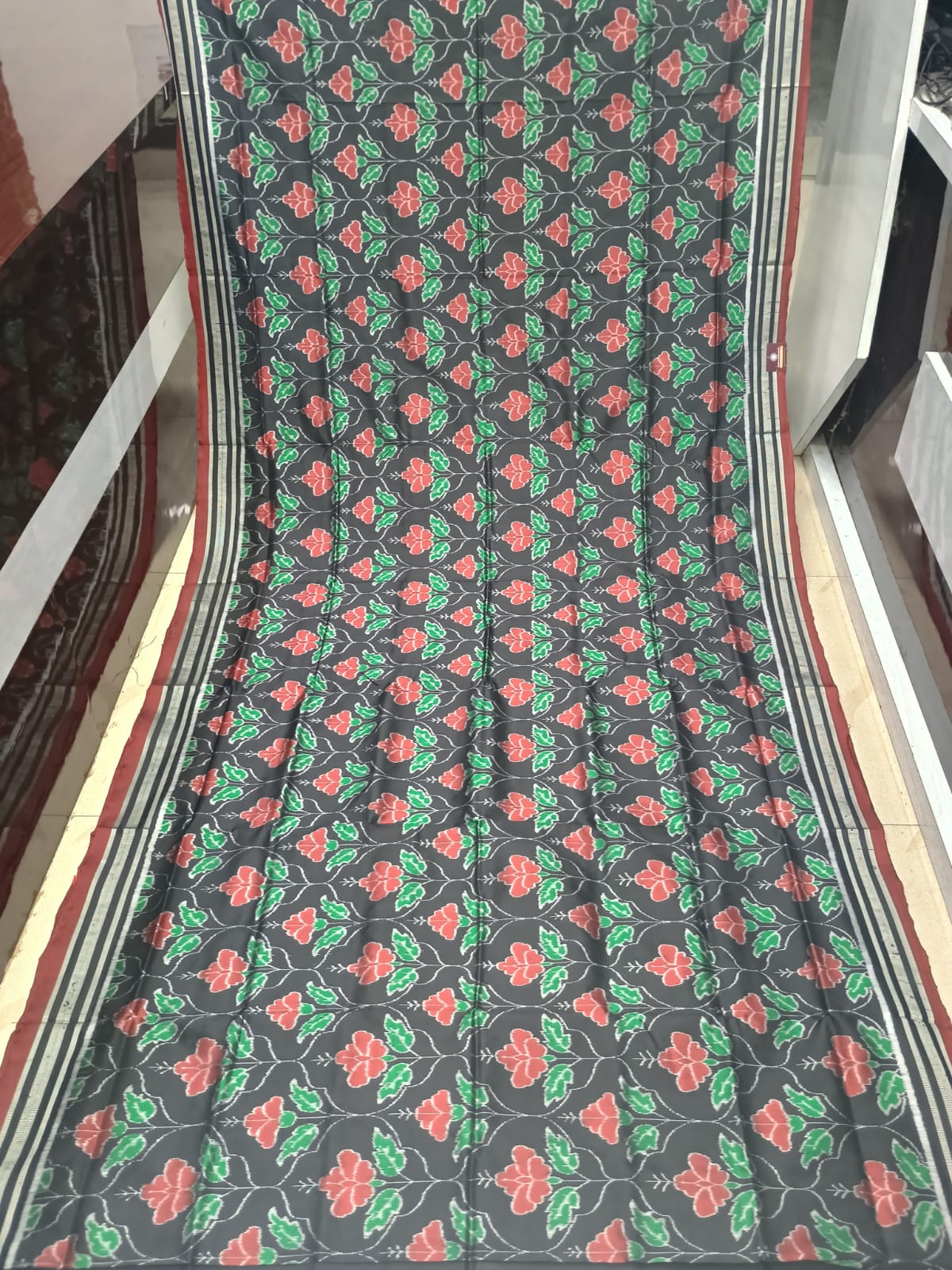 Black Red Hibiscus Design Sambalpuri Silk Saree