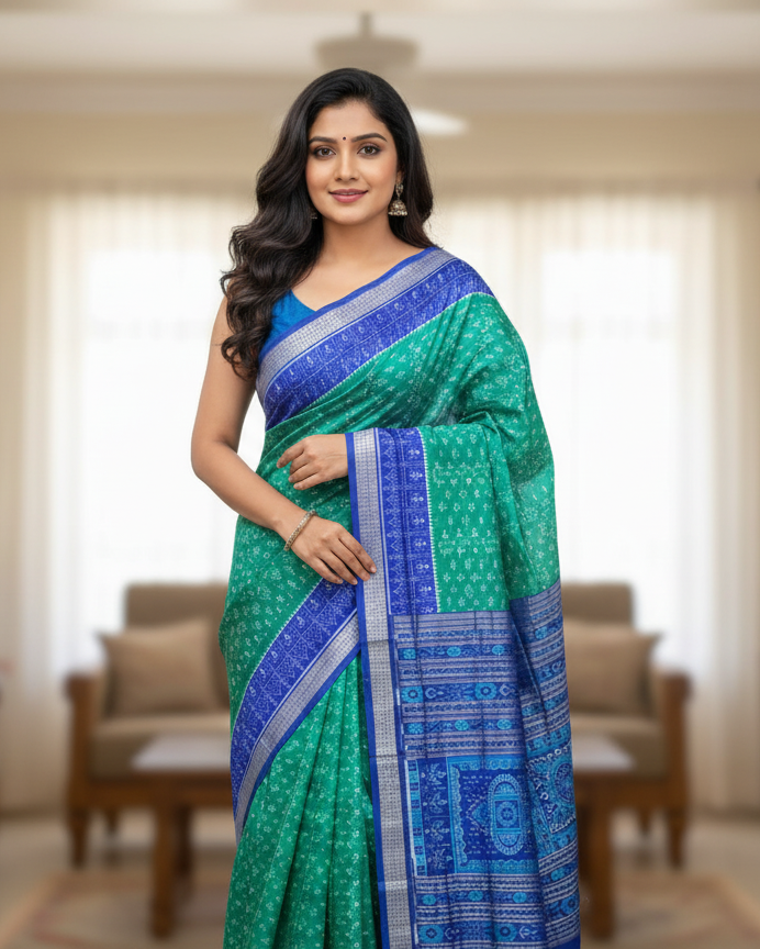 Sea Green Blue Tribal And Tree Sambalpuri Silk Saree