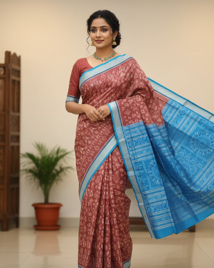 Reddish Brown Copper Sulphate Tribal And Tree Sambalpuri Silk Saree