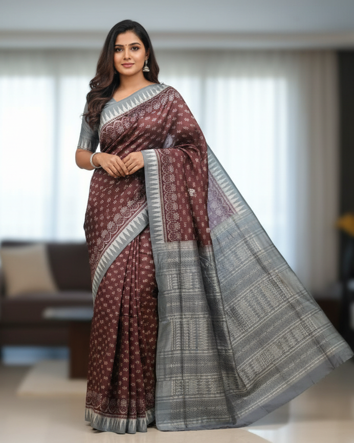 Coffee Red Tree Design Sambalpuri Silk Saree