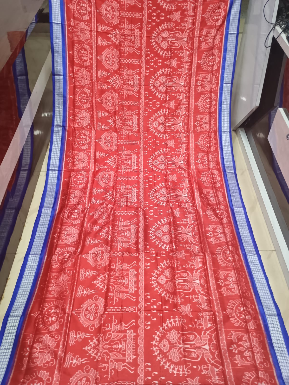 Red Blue Tribal And Tree Design Sambalpuri Silk Saree