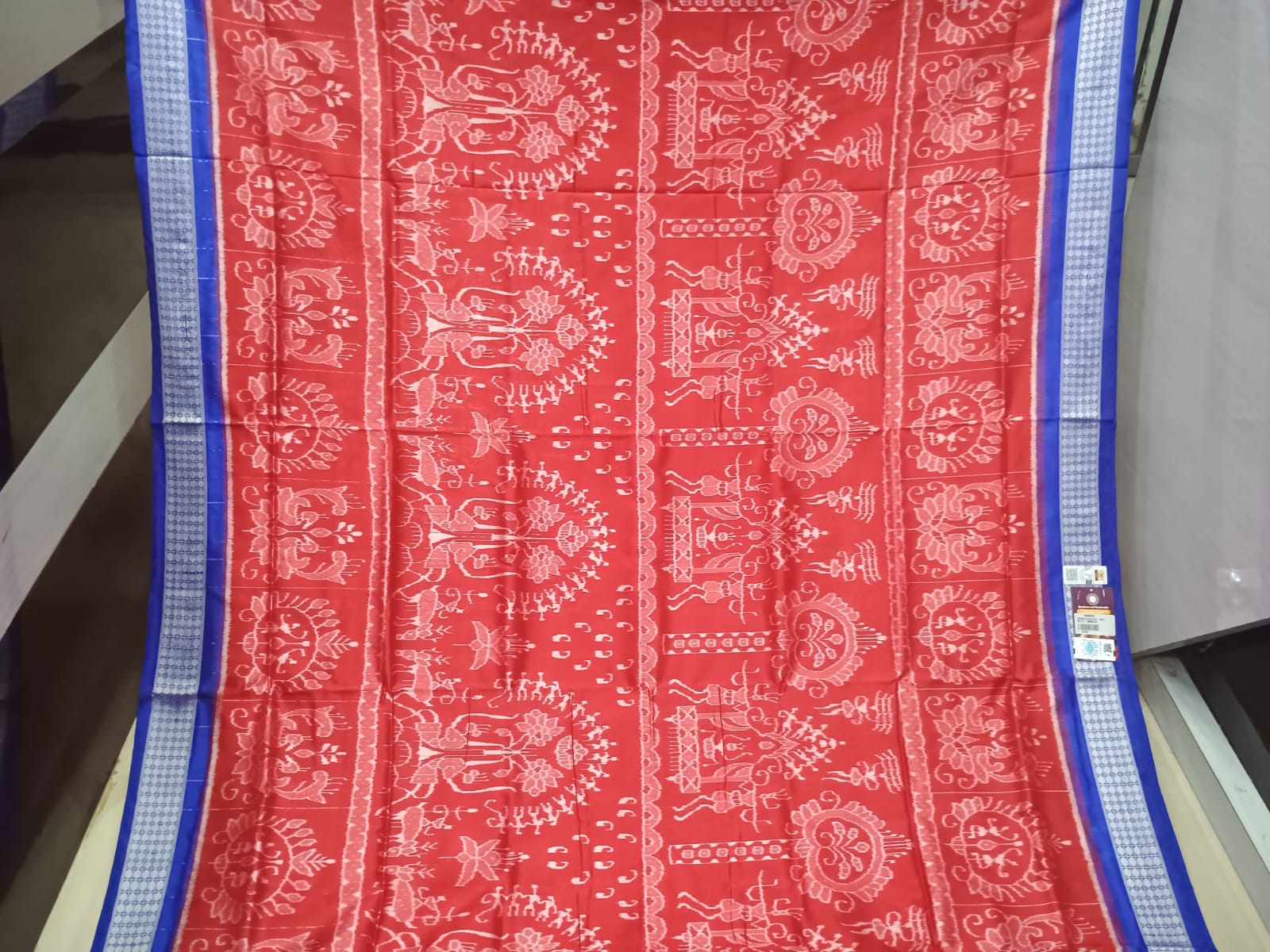 Red Blue Tribal And Tree Design Sambalpuri Silk Saree