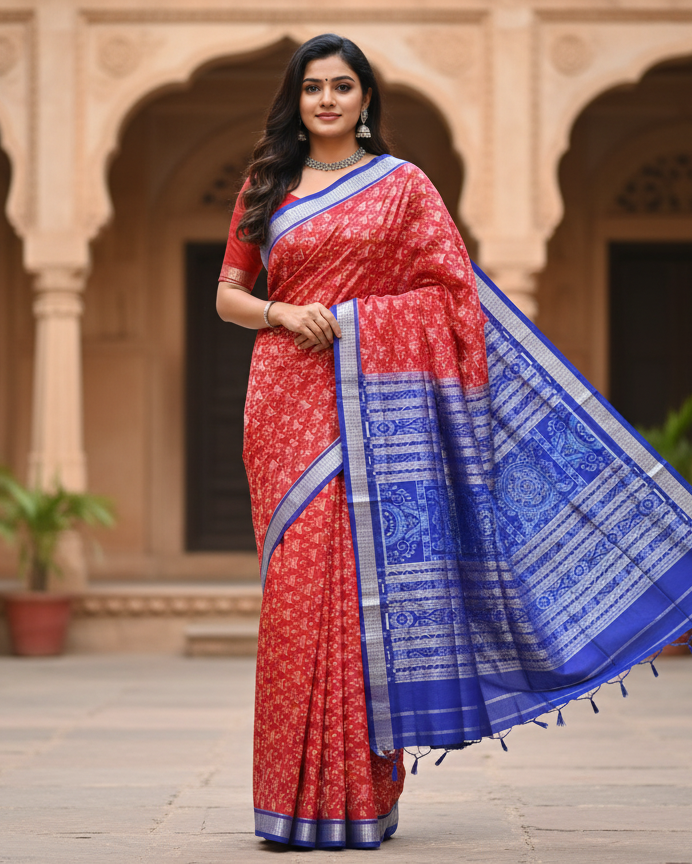 Red Blue Tribal And Tree Design Odisha Handloom Sambalpuri Silk Saree