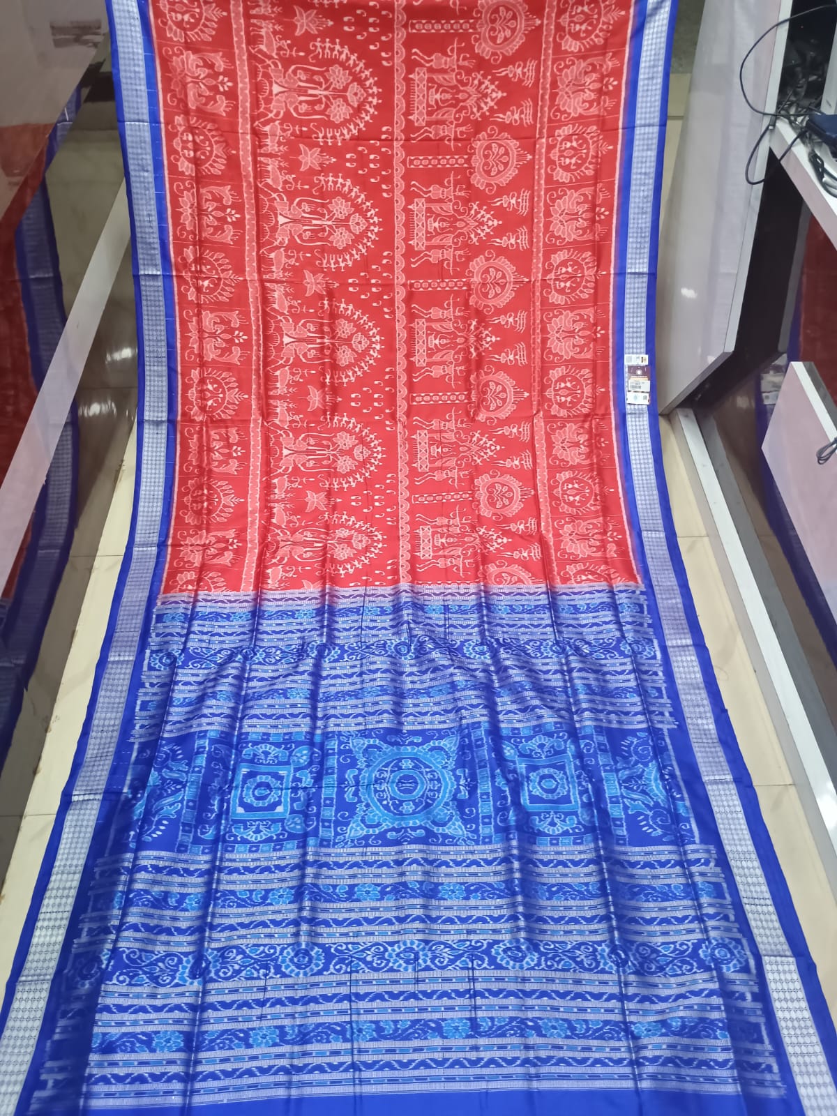 Red Blue Tribal And Tree Design Sambalpuri Silk Saree