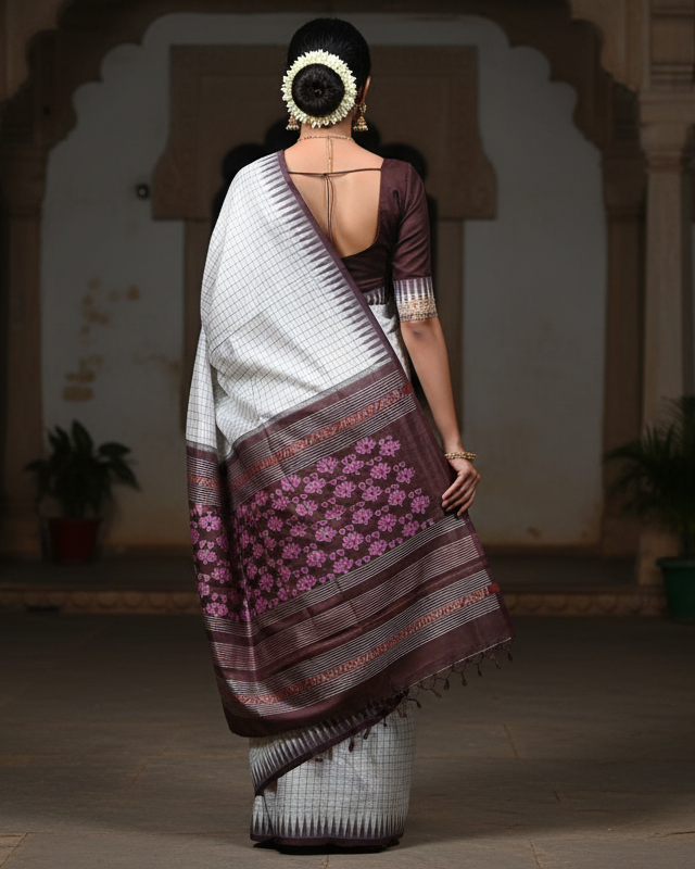 White Coffee Sachipar Design Sambalpuri Silk Saree