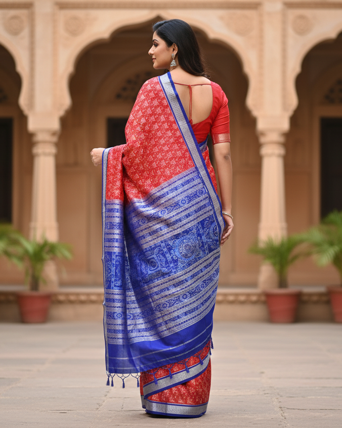 Red Blue Tribal And Tree Design Odisha Handloom Sambalpuri Silk Saree