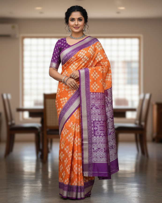 Orange Purple Pasapali Design Sambalpuri Silk Saree