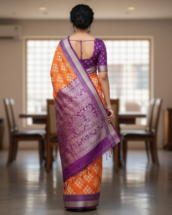 Orange Purple Pasapali Design Sambalpuri Silk Saree