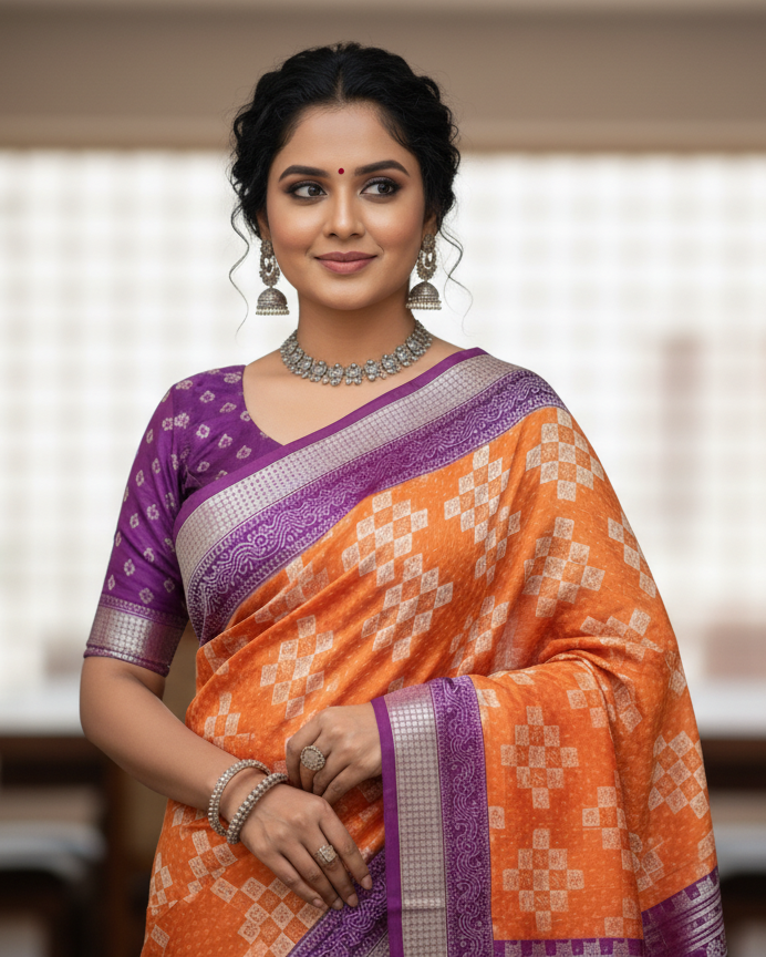 Orange Purple Pasapali Design Sambalpuri Silk Saree