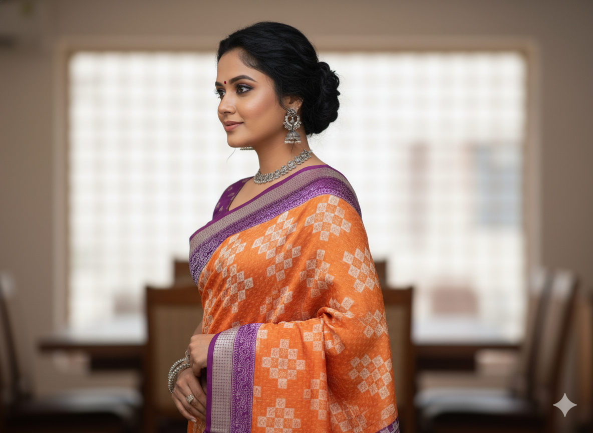 Orange Purple Pasapali Design Sambalpuri Silk Saree