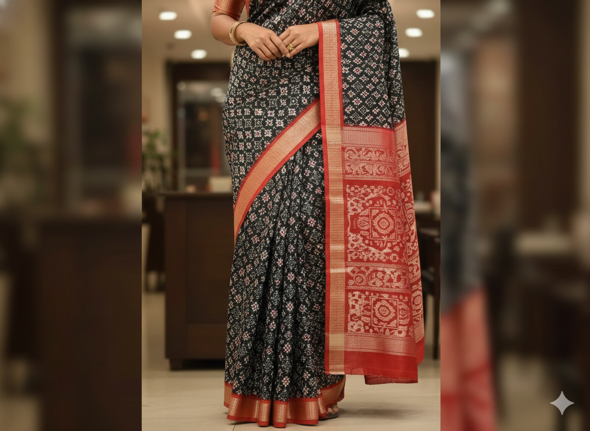 Black Red Tribal And Pasapali Design Sambalpuri Silk Saree