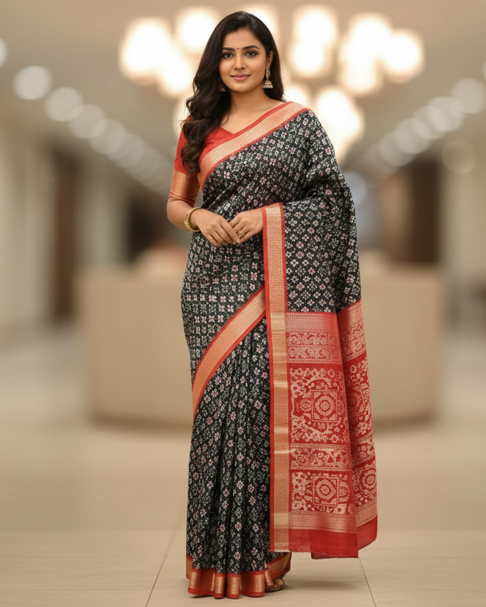 Black Red Tribal And Pasapali Design Sambalpuri Silk Saree