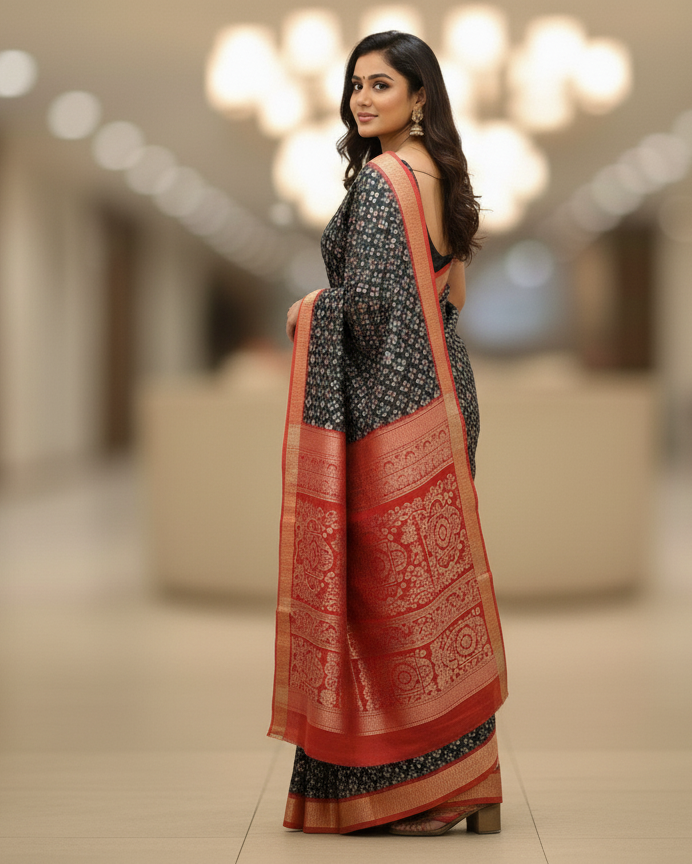 Black Red Tribal And Pasapali Design Sambalpuri Silk Saree