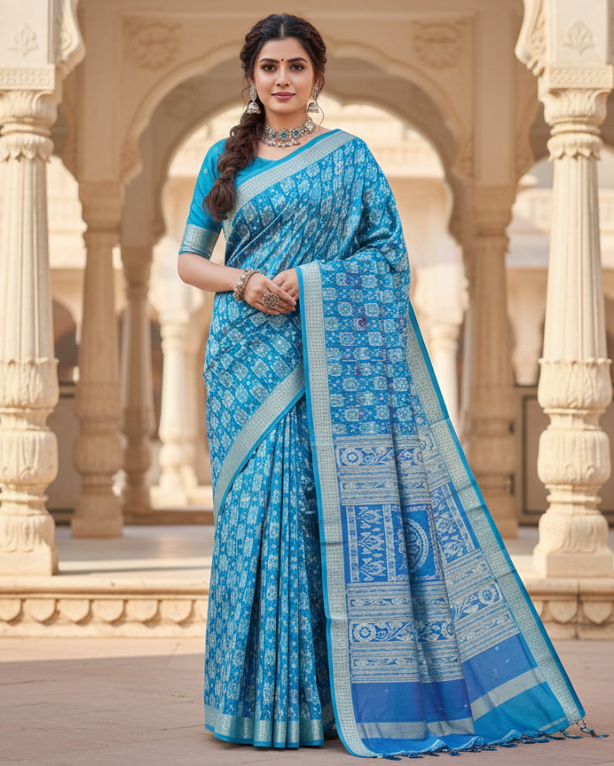 Blue Copper Sulphate Tribal And Pasapali Design Sambalpuri Silk Saree