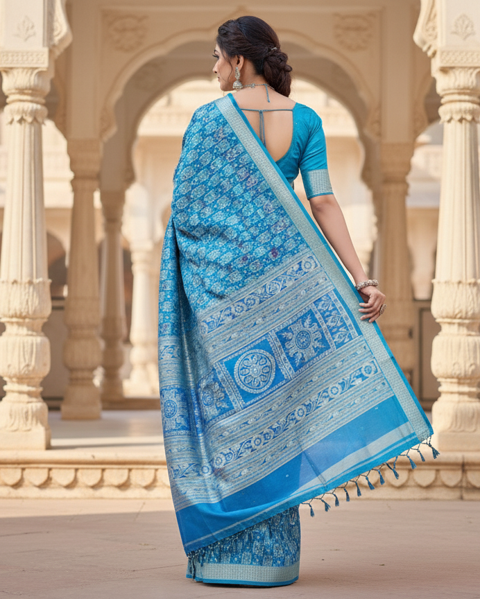 Blue Copper Sulphate Tribal And Pasapali Design Sambalpuri Silk Saree