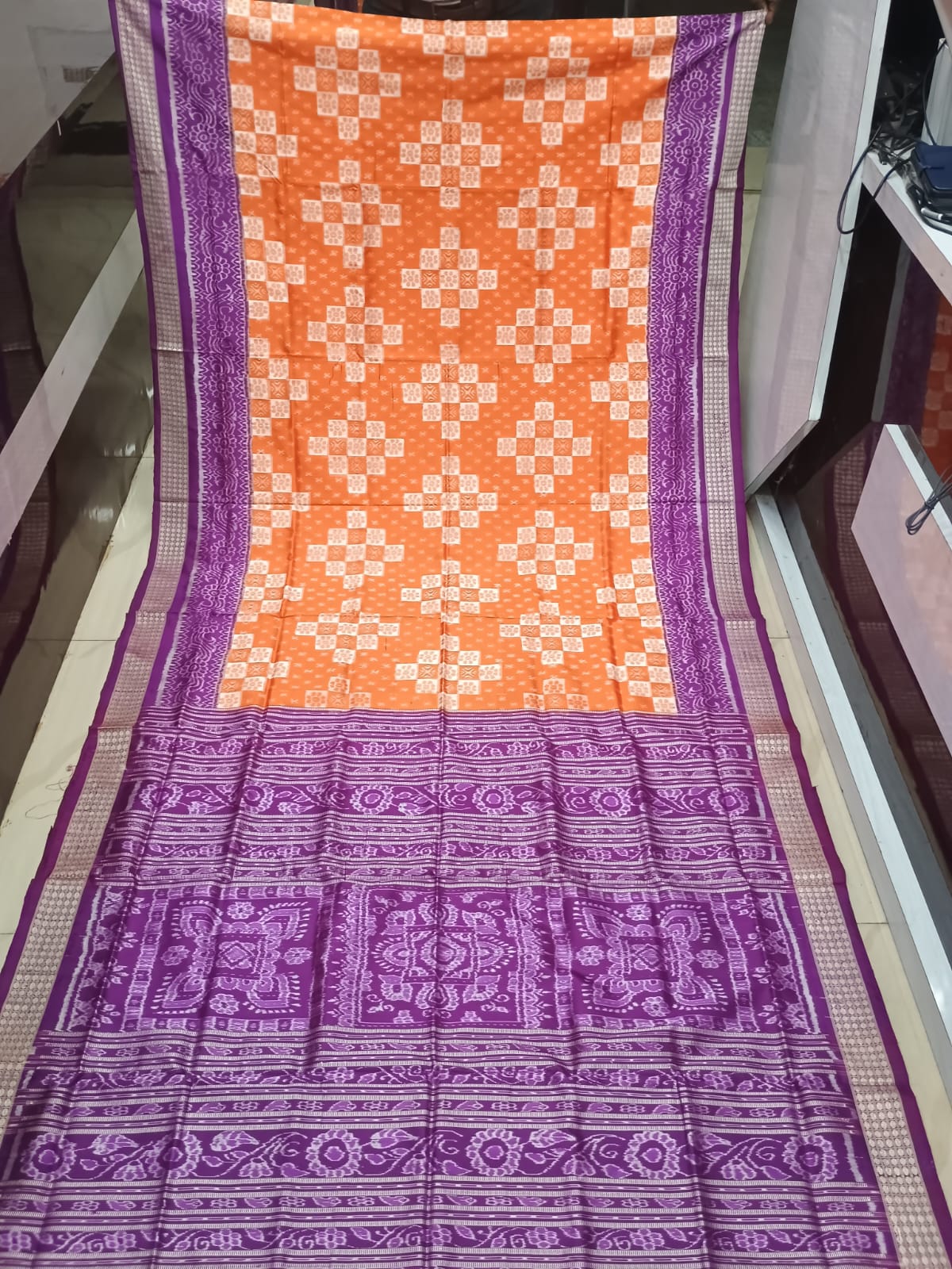 Orange Purple Pasapali Design Sambalpuri Silk Saree