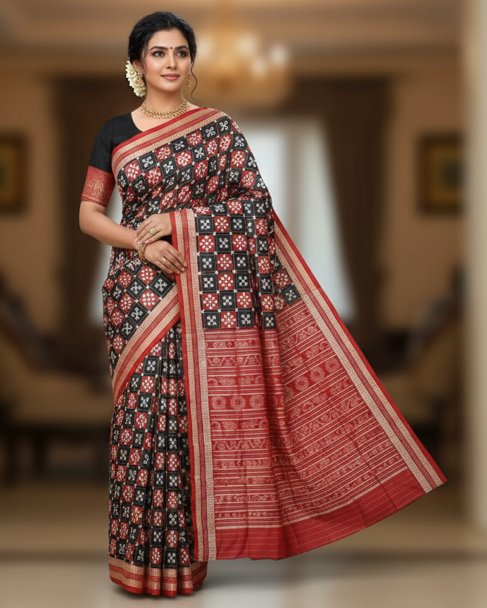 Black Red White Pasapali Design Sambalpuri Silk Saree
