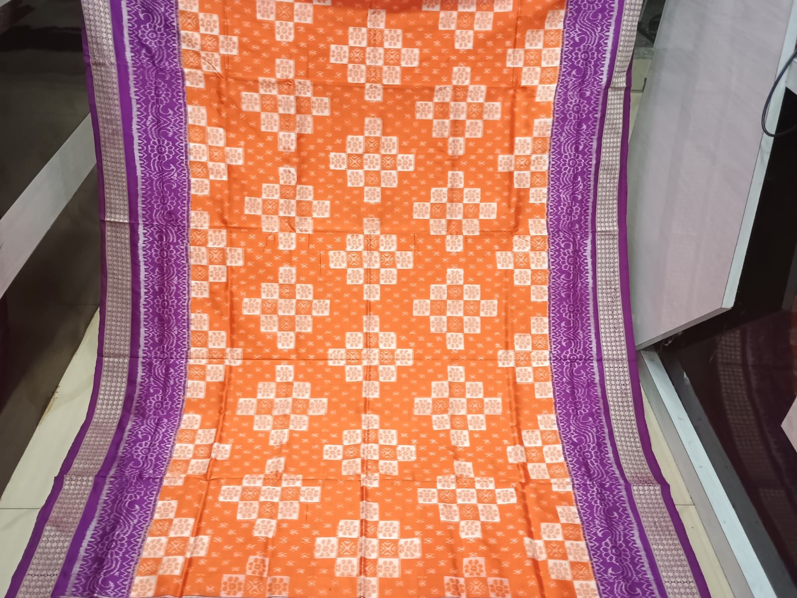 Orange Purple Pasapali Design Sambalpuri Silk Saree