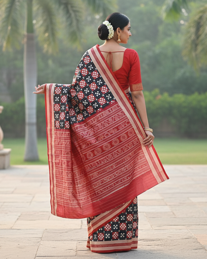 Black Red White Pasapali Design Sambalpuri Silk Saree