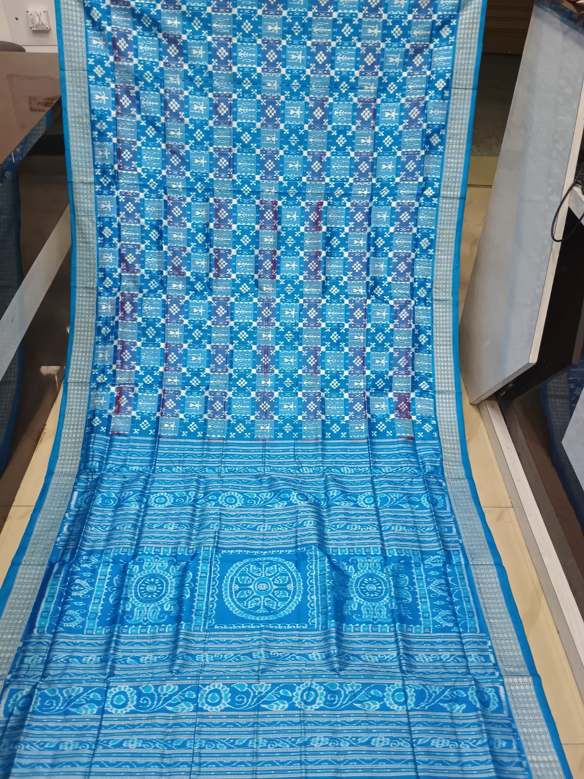 Blue Copper Sulphate Tribal And Pasapali Design Sambalpuri Silk Saree