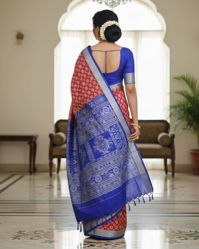Red Blue Pasapali Design Sambalpuri Silk Saree