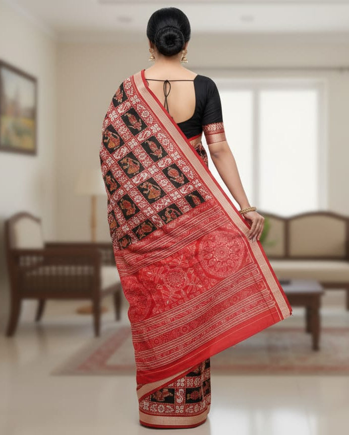 Black Red Dancer Design Sambalpuri Silk Saree