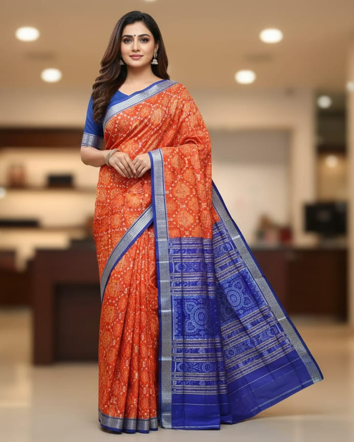 Orange Blue Pasapali And Birds Design Sambalpuri Silk Saree
