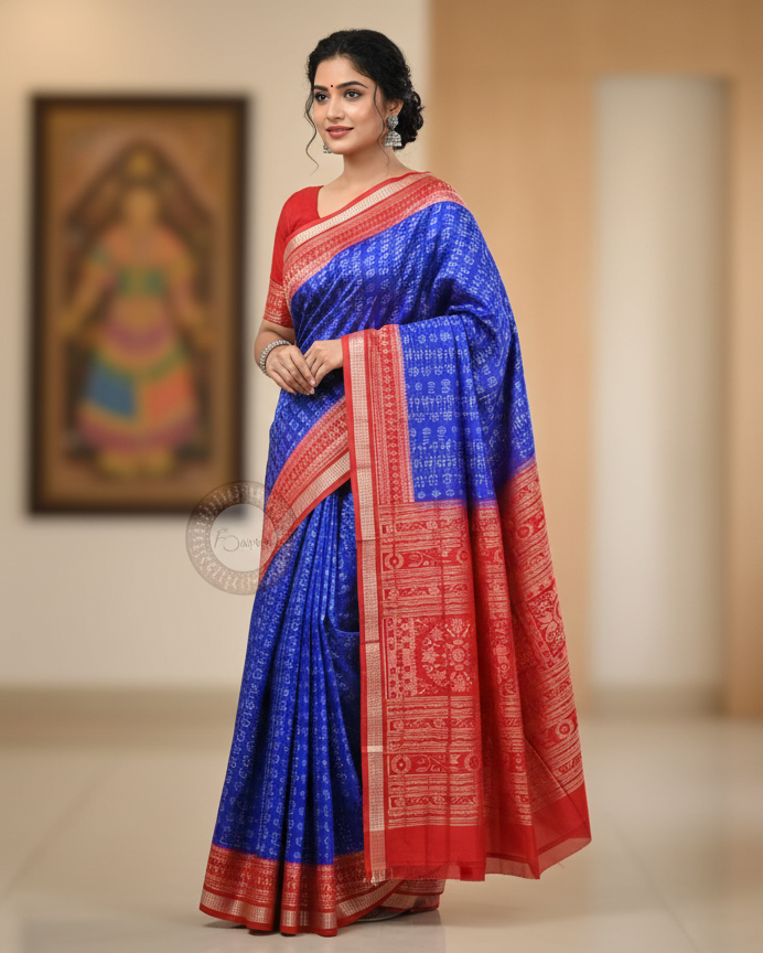 Blue Red Tribal And House Odisha Handloom Sambalpuri Silk Saree