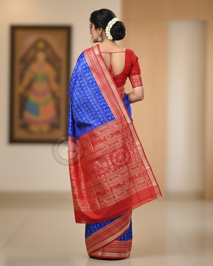 Blue Red Tribal And House Odisha Handloom Sambalpuri Silk Saree