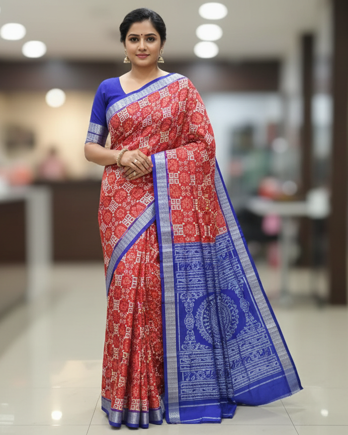 Red Blue Pasapali And Birds Design Sambalpuri Silk Saree