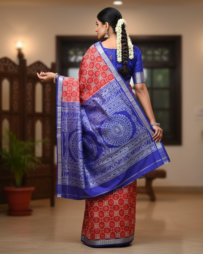 Red Blue Pasapali And Birds Design Sambalpuri Silk Saree