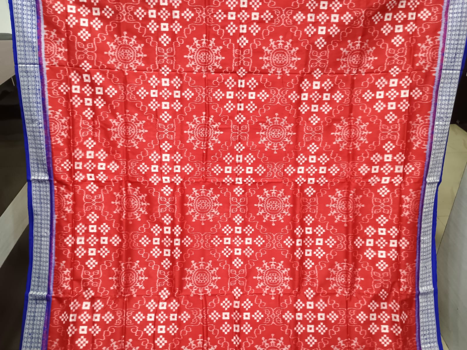 Red Blue Pasapali And Tribal Chakra Design Sambalpuri Silk Saree