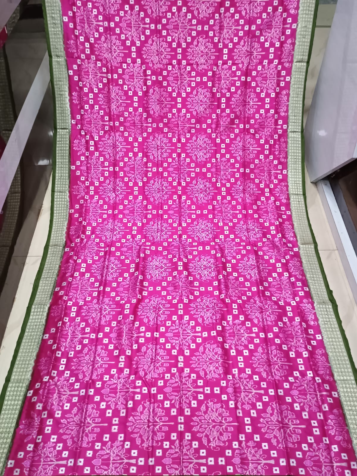 Pink Mehendi Green Pasapali And Tree Design Sambalpuri Silk Saree