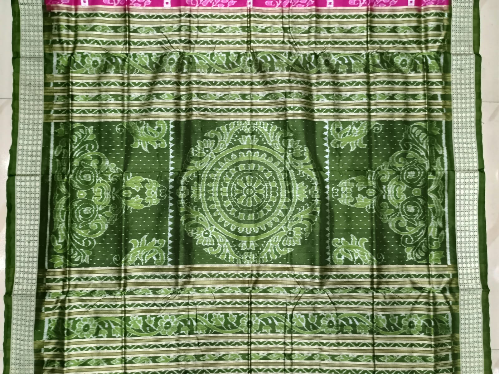 Pink Mehendi Green Pasapali And Tree Design Sambalpuri Silk Saree