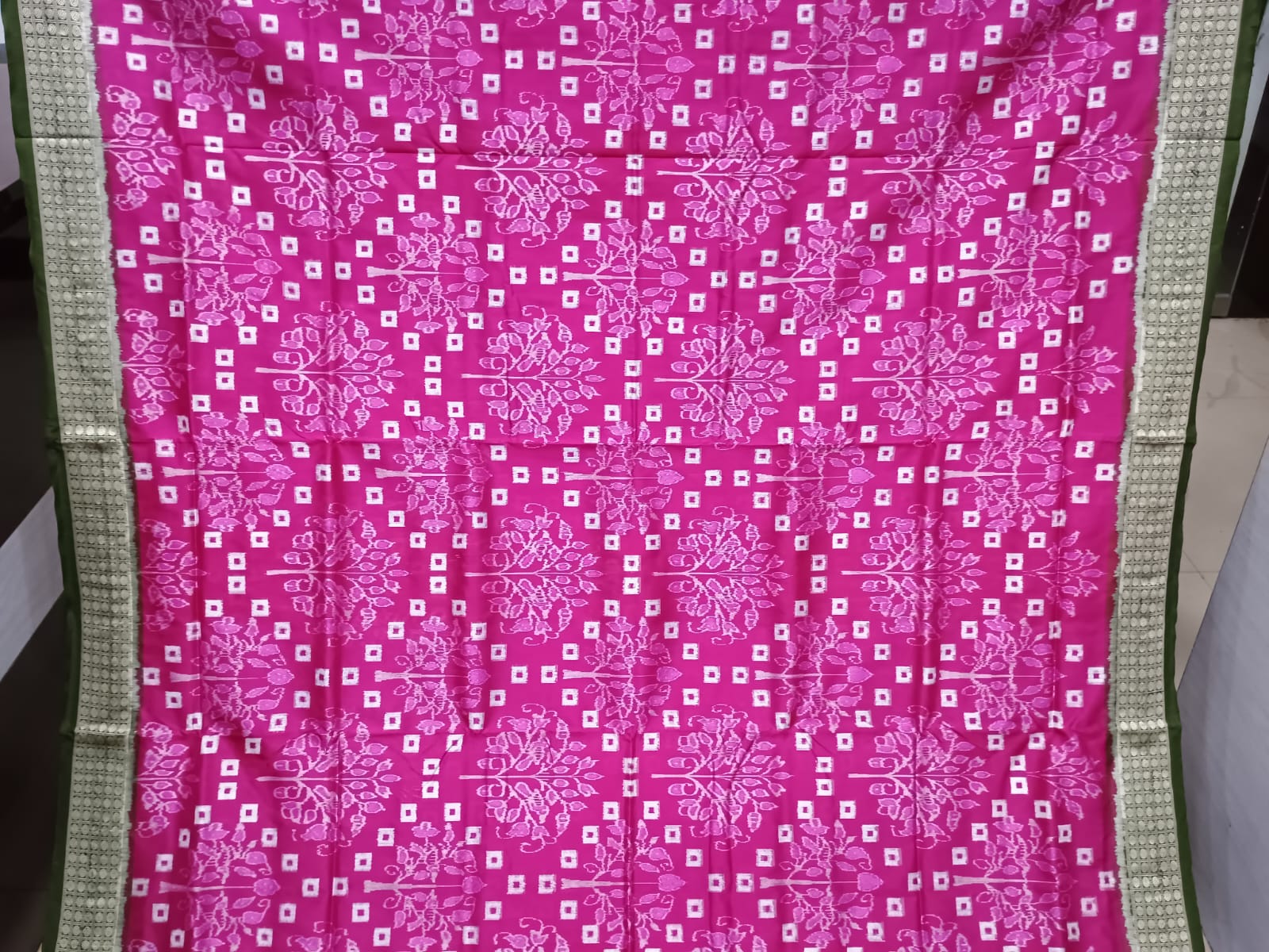 Pink Mehendi Green Pasapali And Tree Design Sambalpuri Silk Saree