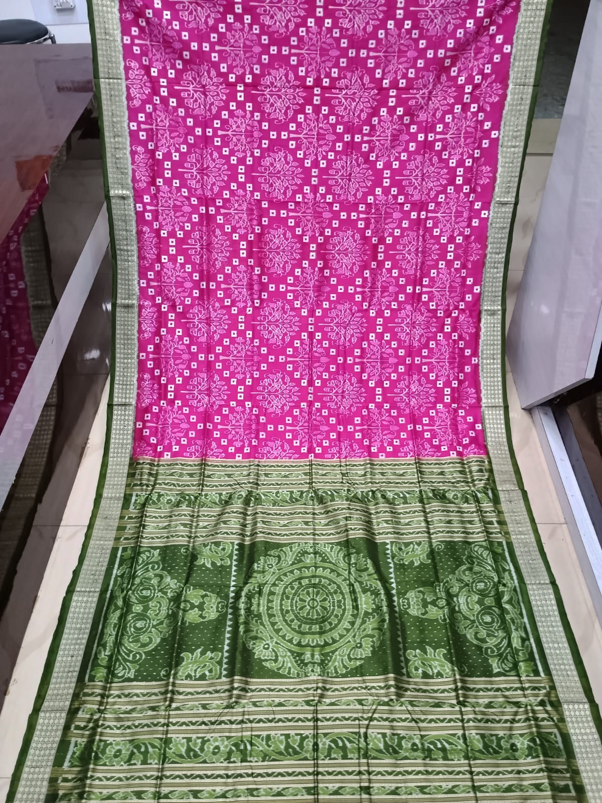Pink Mehendi Green Pasapali And Tree Design Sambalpuri Silk Saree