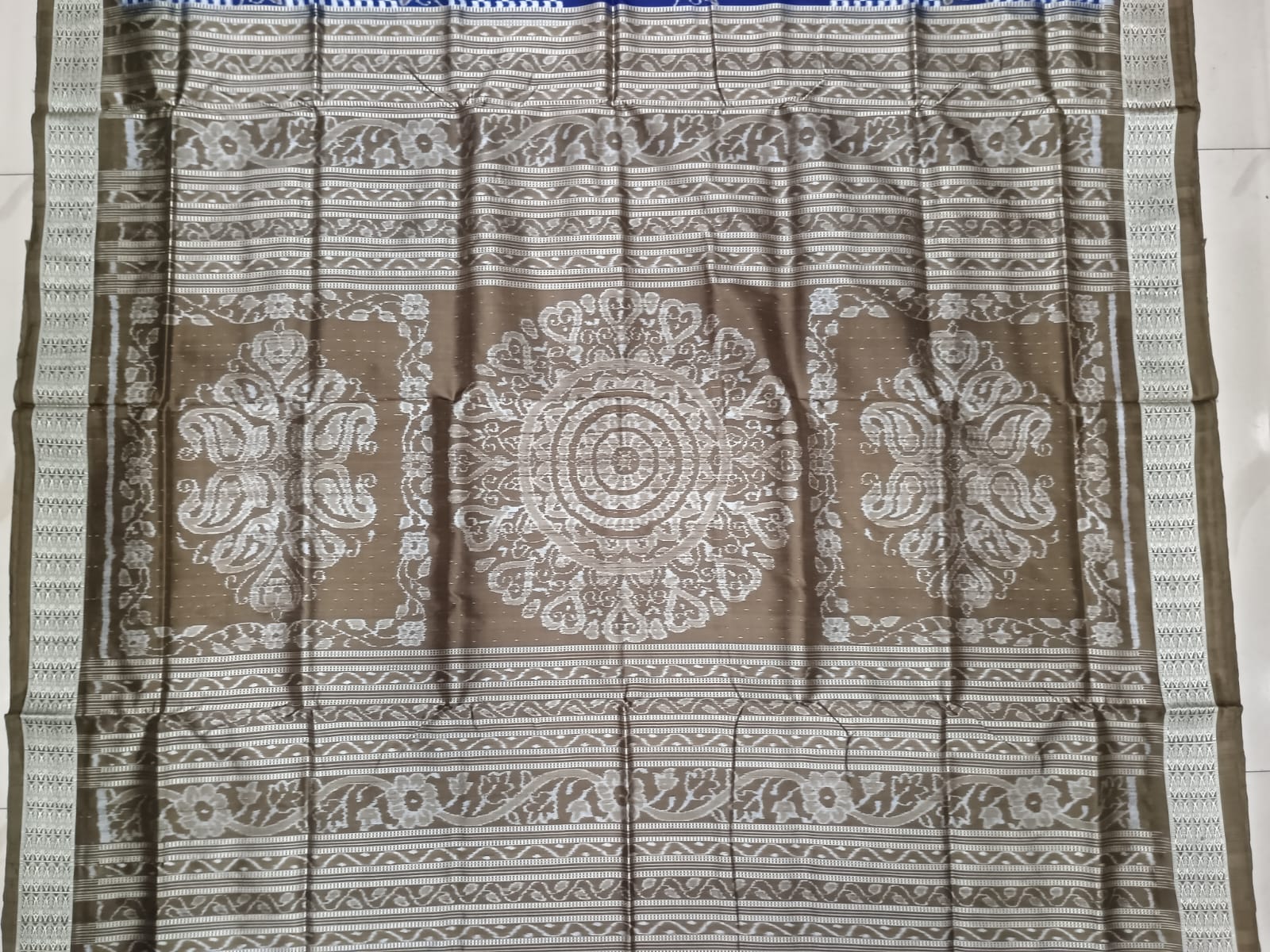 Blue Grey Pasapali And Flower Design Sambalpuri Silk Saree