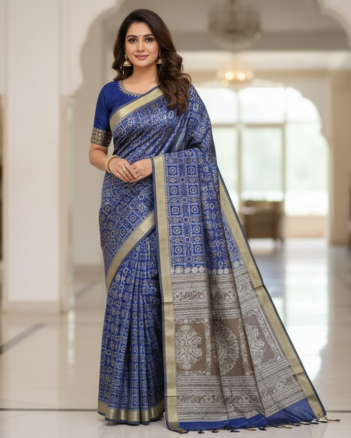 Blue Grey Pasapali And Flower Design Sambalpuri Silk Saree