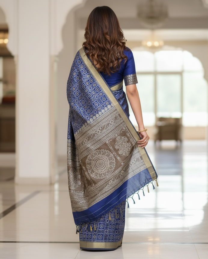 Blue Grey Pasapali And Flower Design Sambalpuri Silk Saree