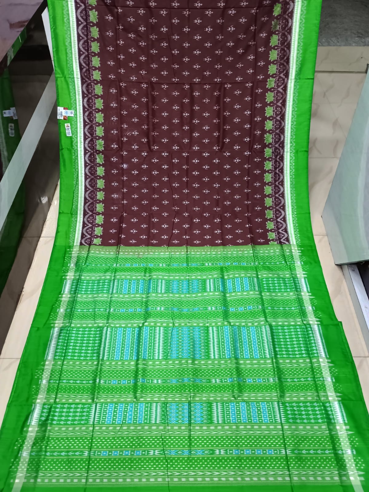 Coffee Green Flower Ek Chandia Sambalpuri Silk Saree