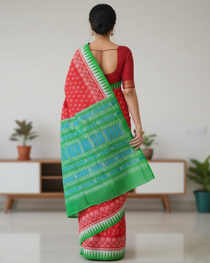 Red Green Flower Ek Chandia Sambalpuri Silk Saree