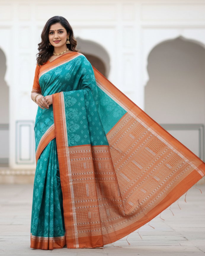 Sea Green Rust Flower Ek Chandia Sambalpuri Silk Saree